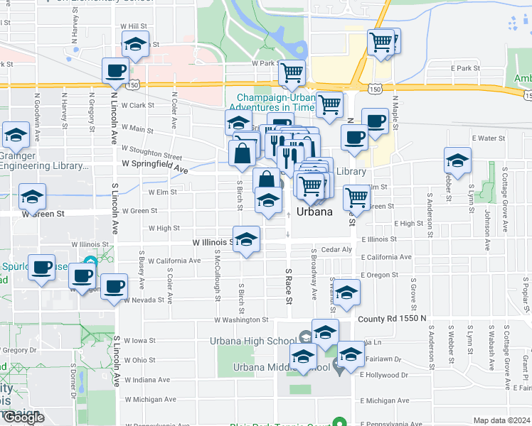 map of restaurants, bars, coffee shops, grocery stores, and more near 302 West High Street in Urbana
