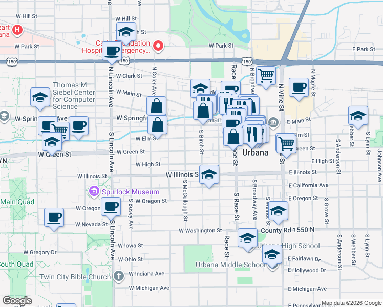 map of restaurants, bars, coffee shops, grocery stores, and more near 402 West High Street in Urbana