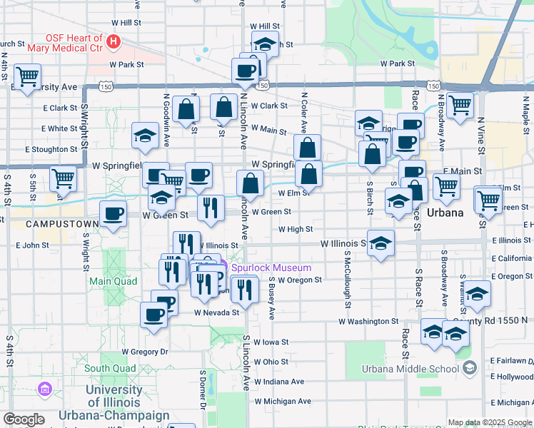 map of restaurants, bars, coffee shops, grocery stores, and more near 303 South Busey Avenue in Urbana
