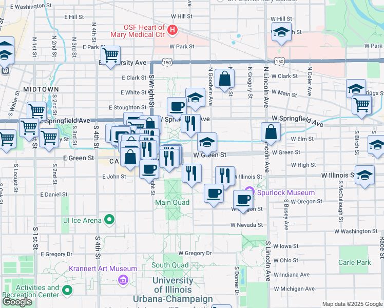 map of restaurants, bars, coffee shops, grocery stores, and more near 308 South Mathews Avenue in Urbana