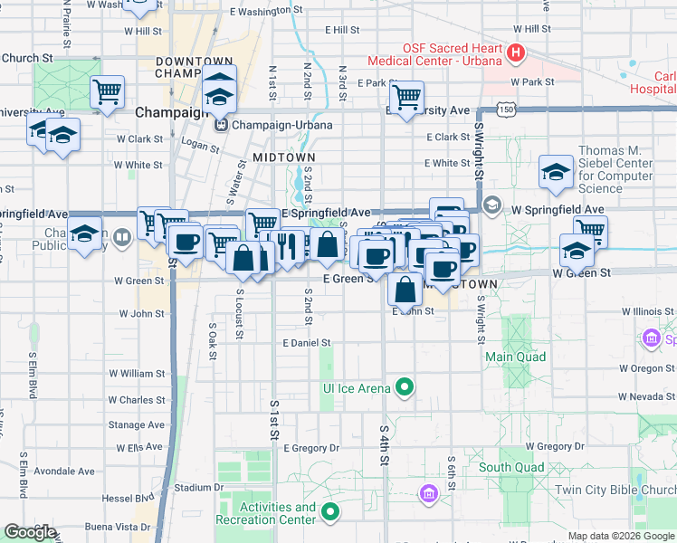 map of restaurants, bars, coffee shops, grocery stores, and more near 207 East Green Street in Champaign