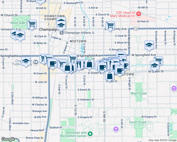map of restaurants, bars, coffee shops, grocery stores, and more near 207 East Green Street in Champaign