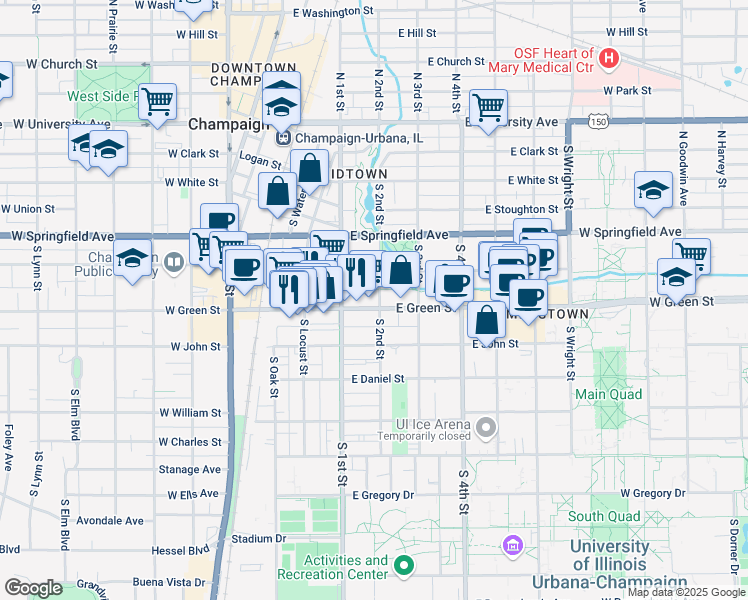 map of restaurants, bars, coffee shops, grocery stores, and more near 111 East Green Street in Champaign