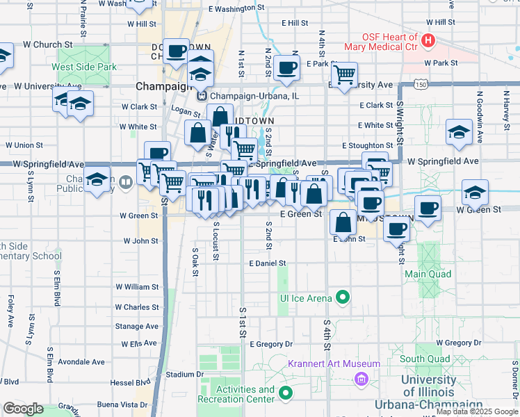 map of restaurants, bars, coffee shops, grocery stores, and more near 111 East Green Street in Champaign