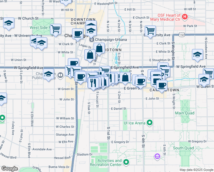 map of restaurants, bars, coffee shops, grocery stores, and more near in Champaign