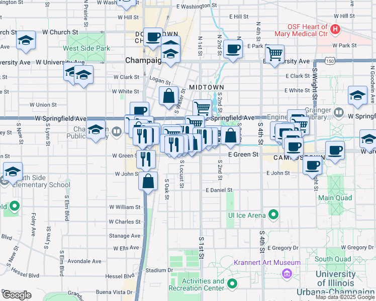 map of restaurants, bars, coffee shops, grocery stores, and more near 703 South Locust Street in Champaign