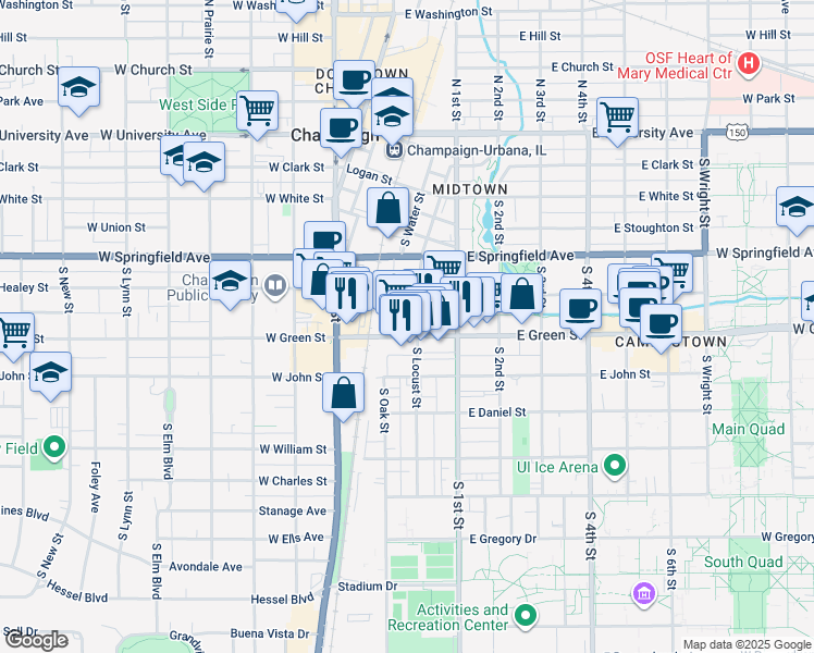 map of restaurants, bars, coffee shops, grocery stores, and more near 703 South Locust Street in Champaign