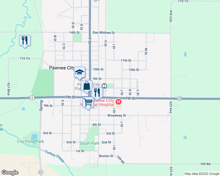 map of restaurants, bars, coffee shops, grocery stores, and more near 8th Street in Pawnee City
