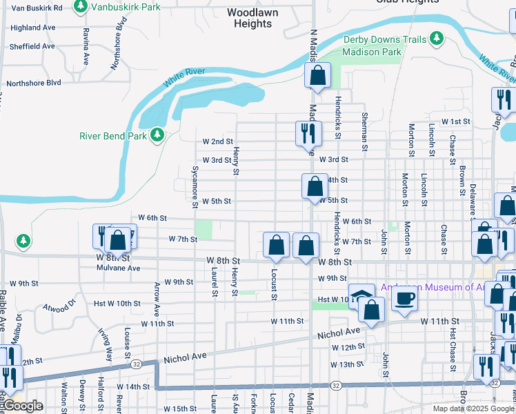 map of restaurants, bars, coffee shops, grocery stores, and more near 1220 West 6th Street in Anderson