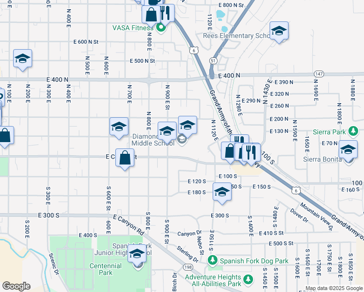 map of restaurants, bars, coffee shops, grocery stores, and more near 50 North 900 East in Spanish Fork
