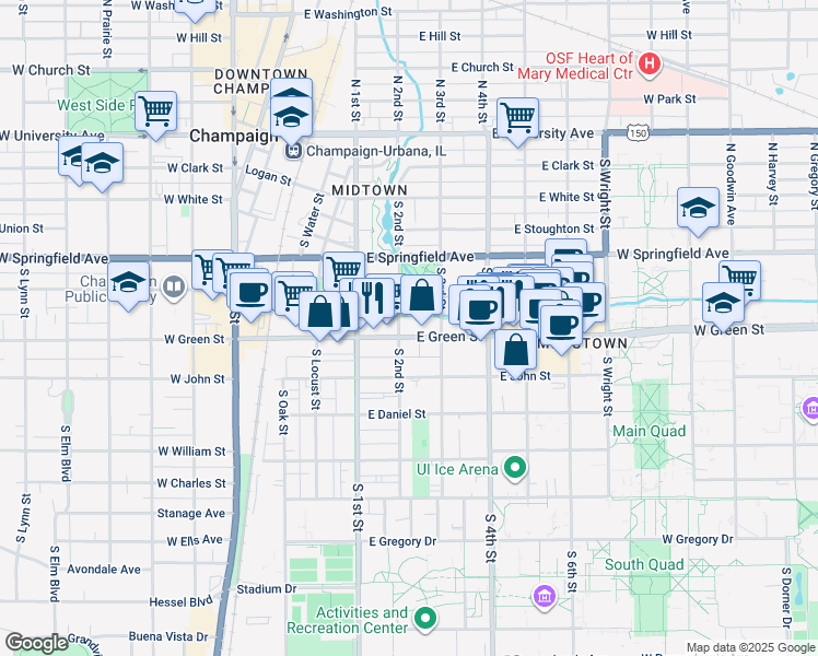 map of restaurants, bars, coffee shops, grocery stores, and more near 202 East Green Street in Champaign