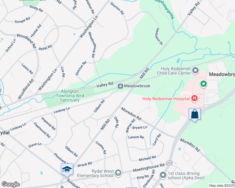 map of restaurants, bars, coffee shops, grocery stores, and more near 1425 Lindsay Lane in Jenkintown