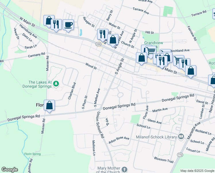 map of restaurants, bars, coffee shops, grocery stores, and more near 353 South Angle Street in Mount Joy