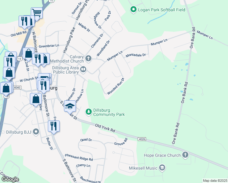map of restaurants, bars, coffee shops, grocery stores, and more near 18 Wooded Run Drive in Dillsburg