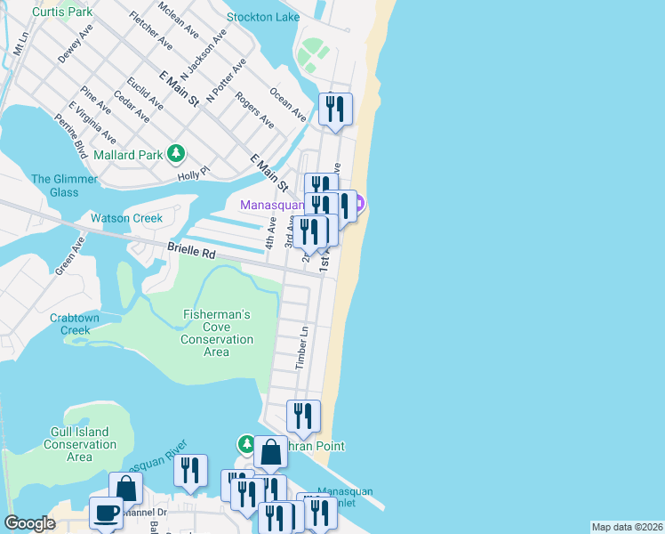 map of restaurants, bars, coffee shops, grocery stores, and more near 239 Beach Front in Point Pleasant Beach