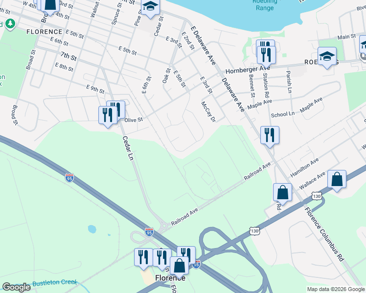 map of restaurants, bars, coffee shops, grocery stores, and more near 54 Abrams Drive in Florence