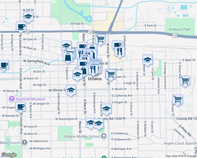 map of restaurants, bars, coffee shops, grocery stores, and more near 300 South Broadway Avenue in Urbana