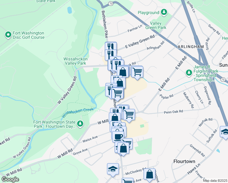 map of restaurants, bars, coffee shops, grocery stores, and more near 1874 Bethlehem Pike in Flourtown