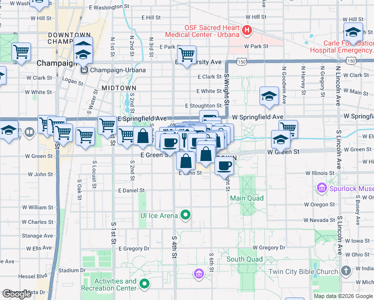 map of restaurants, bars, coffee shops, grocery stores, and more near 403 1/2 East Green Street in Champaign