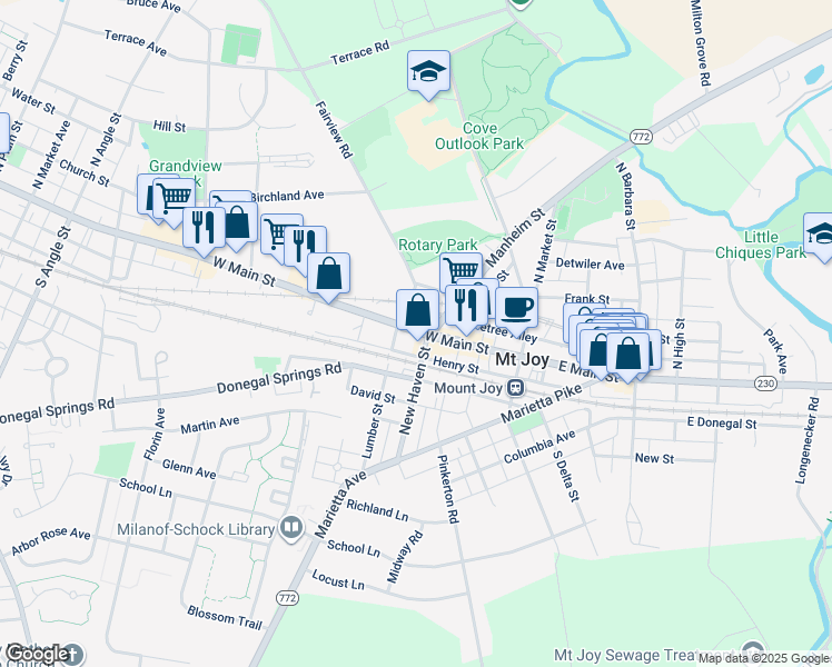 map of restaurants, bars, coffee shops, grocery stores, and more near 110 West Main Street in Mount Joy