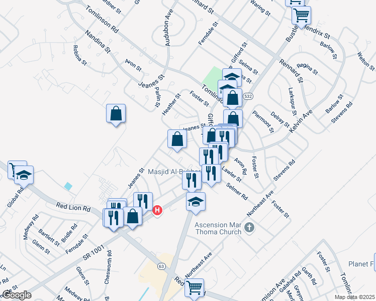 map of restaurants, bars, coffee shops, grocery stores, and more near 10234 Selmer Place in Philadelphia