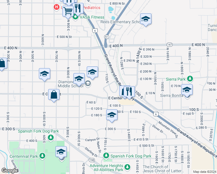 map of restaurants, bars, coffee shops, grocery stores, and more near 1118 100 North in Spanish Fork