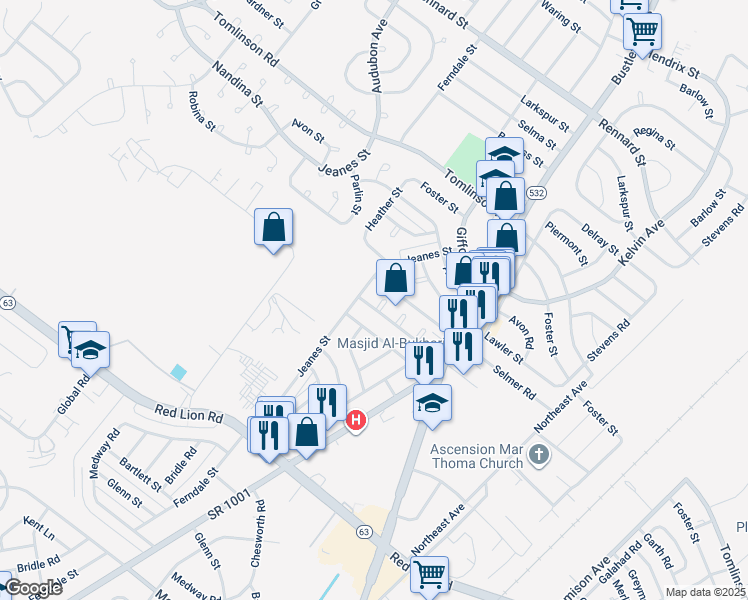 map of restaurants, bars, coffee shops, grocery stores, and more near 10222 Selmer Plaza in Philadelphia