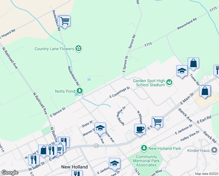 map of restaurants, bars, coffee shops, grocery stores, and more near 488 East Spruce Street in New Holland