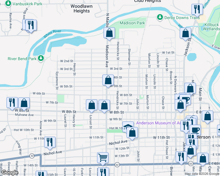 map of restaurants, bars, coffee shops, grocery stores, and more near 531 Madison Avenue in Anderson