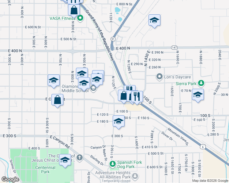 map of restaurants, bars, coffee shops, grocery stores, and more near 28 Southgate Loop in Spanish Fork