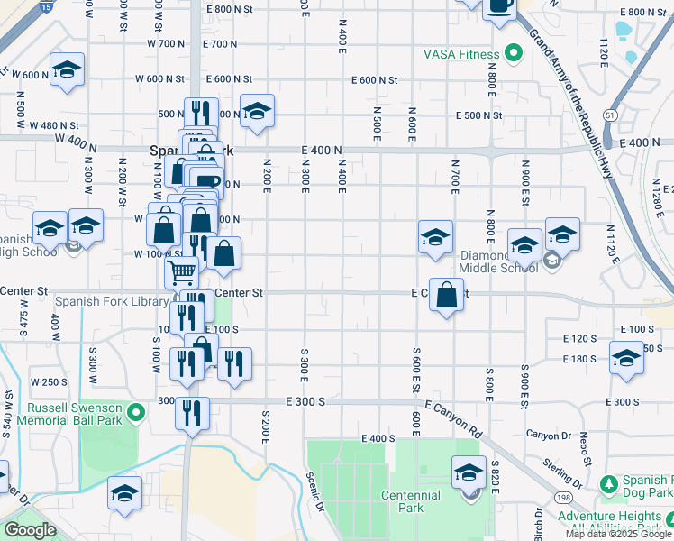 map of restaurants, bars, coffee shops, grocery stores, and more near 389 East Center Street in Spanish Fork