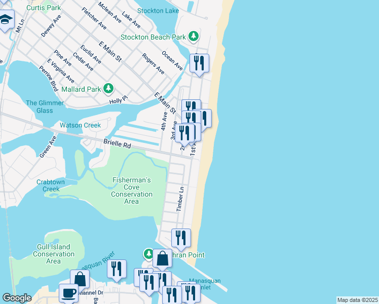 map of restaurants, bars, coffee shops, grocery stores, and more near 595 Brielle Road in Manasquan