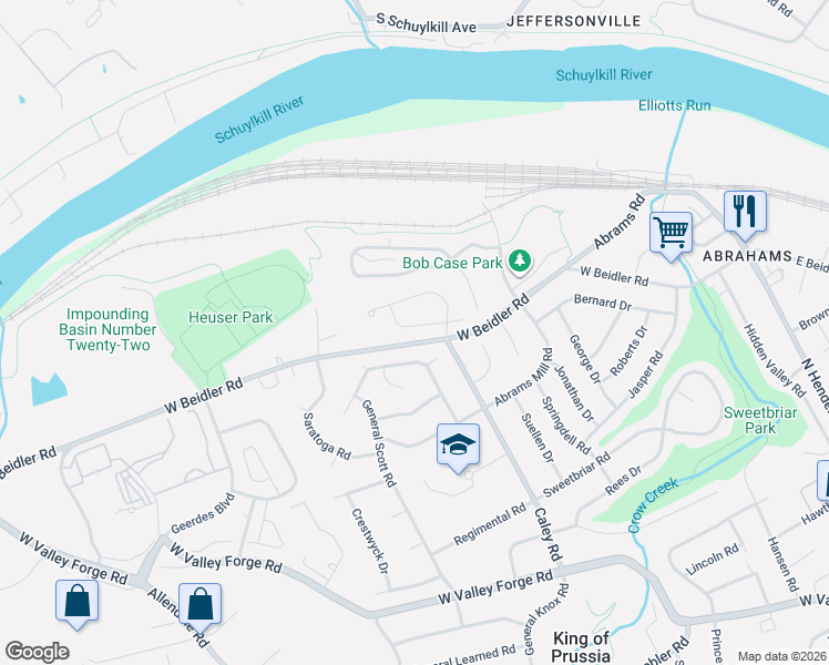 map of restaurants, bars, coffee shops, grocery stores, and more near 753 Champlain Drive in King of Prussia