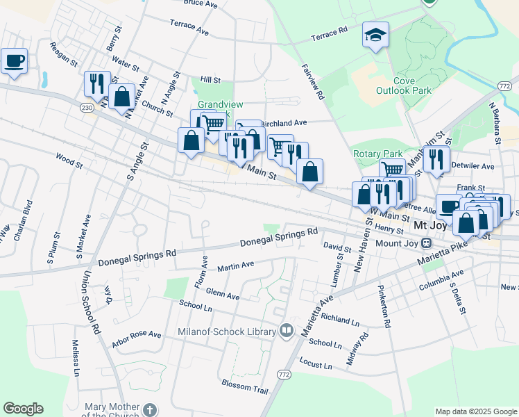 map of restaurants, bars, coffee shops, grocery stores, and more near 375 Donegal Springs Road in Mount Joy