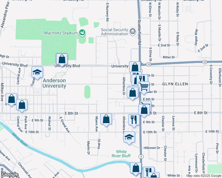 map of restaurants, bars, coffee shops, grocery stores, and more near 522 Nursery Road in Anderson