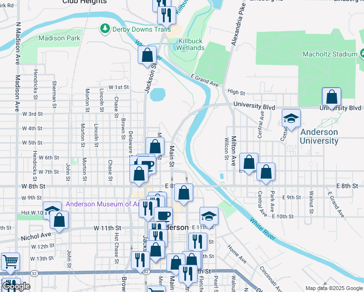 map of restaurants, bars, coffee shops, grocery stores, and more near 600 Main Street in Anderson
