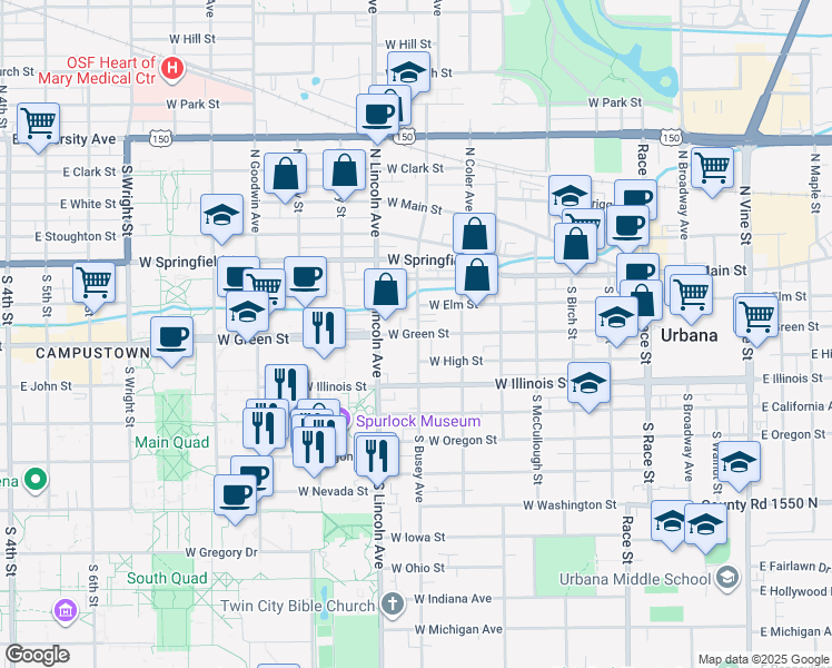map of restaurants, bars, coffee shops, grocery stores, and more near in Urbana