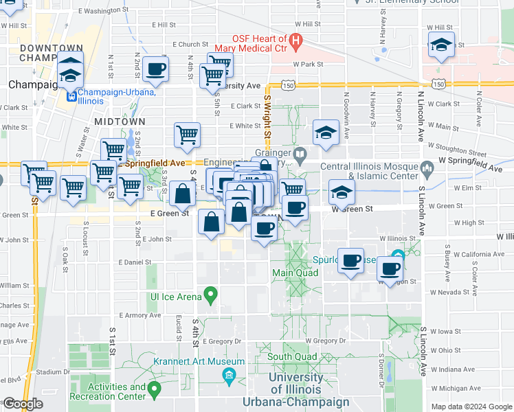 map of restaurants, bars, coffee shops, grocery stores, and more near in Champaign