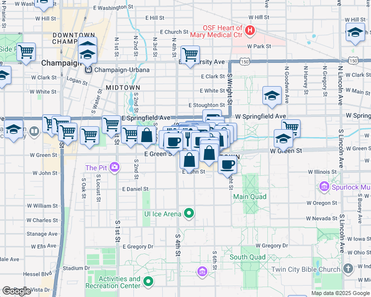 map of restaurants, bars, coffee shops, grocery stores, and more near 403 1/2 East Green Street in Champaign