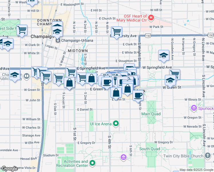 map of restaurants, bars, coffee shops, grocery stores, and more near 307 East Green Street in Champaign