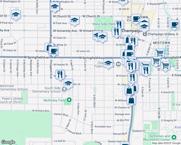 map of restaurants, bars, coffee shops, grocery stores, and more near 507 West Green Street in Champaign