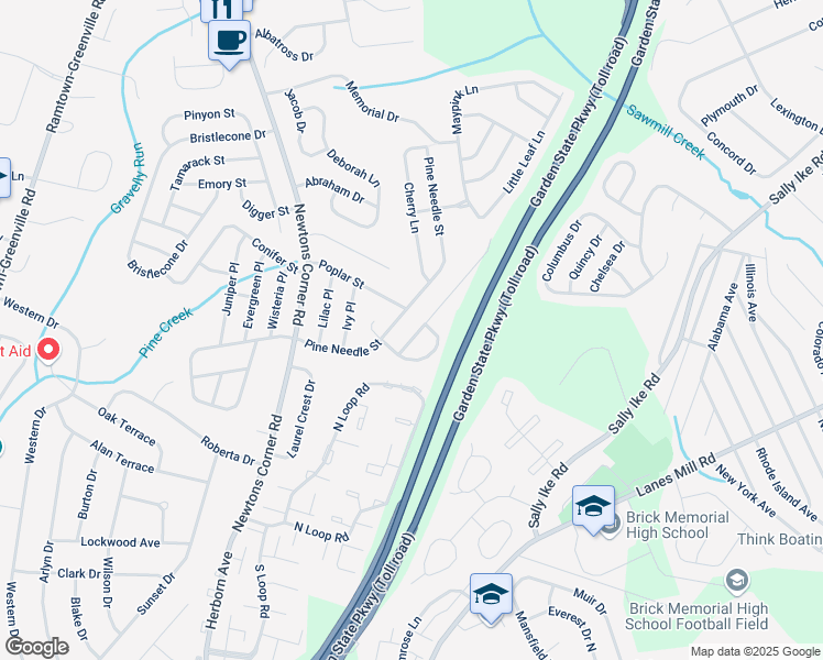map of restaurants, bars, coffee shops, grocery stores, and more near 11 Maypink Lane in Howell