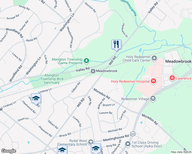 map of restaurants, bars, coffee shops, grocery stores, and more near 1532 Mill Road in Meadowbrook