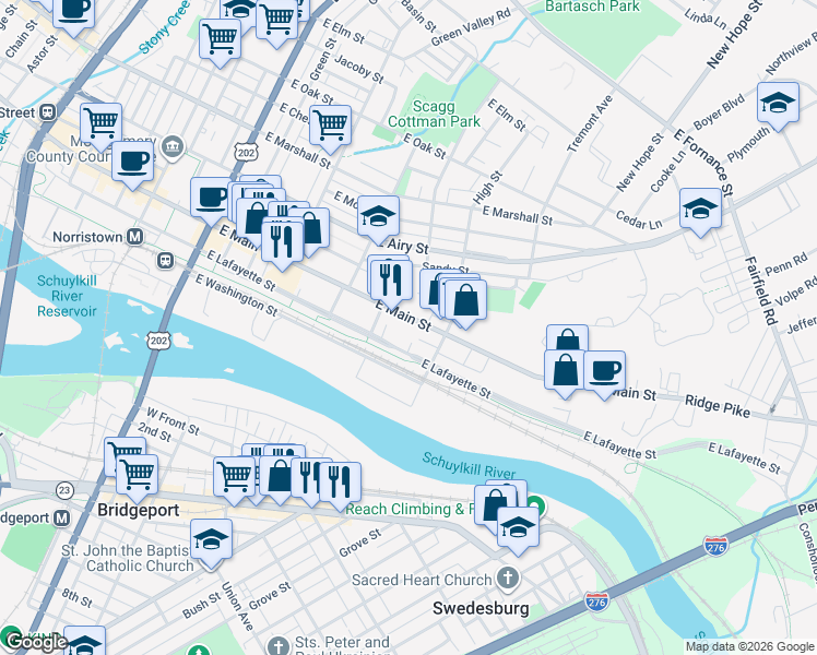 map of restaurants, bars, coffee shops, grocery stores, and more near 545 East Lafayette Street in Norristown