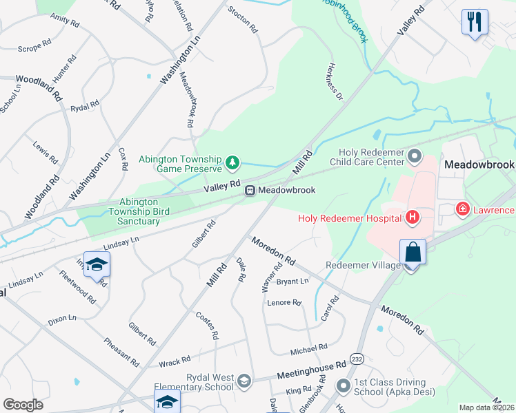 map of restaurants, bars, coffee shops, grocery stores, and more near 1532 Mill Road in Meadowbrook