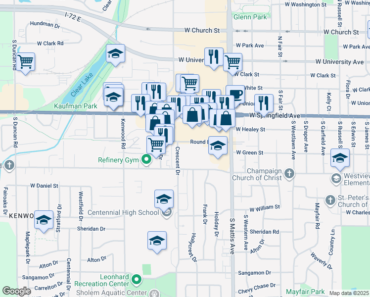 map of restaurants, bars, coffee shops, grocery stores, and more near 501 Crescent Drive in Champaign
