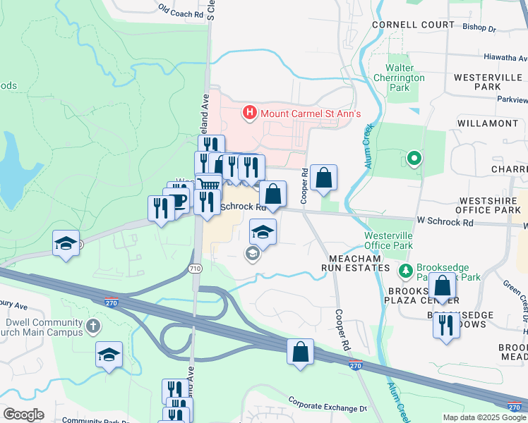 map of restaurants, bars, coffee shops, grocery stores, and more near 555 West Schrock Road in Westerville