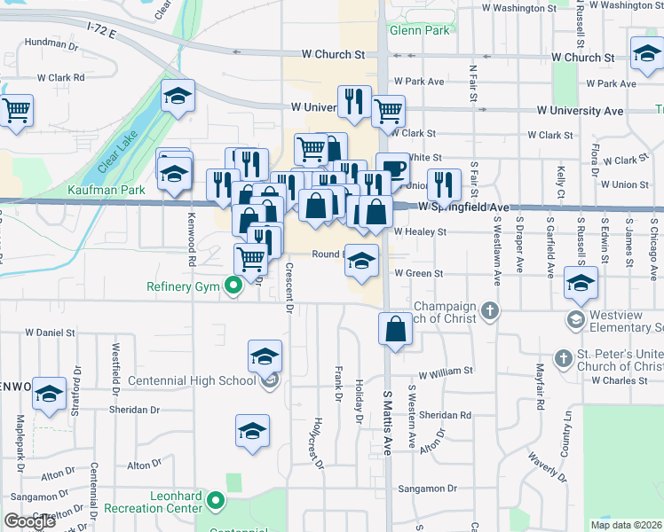 map of restaurants, bars, coffee shops, grocery stores, and more near 2000 West John Street in Champaign