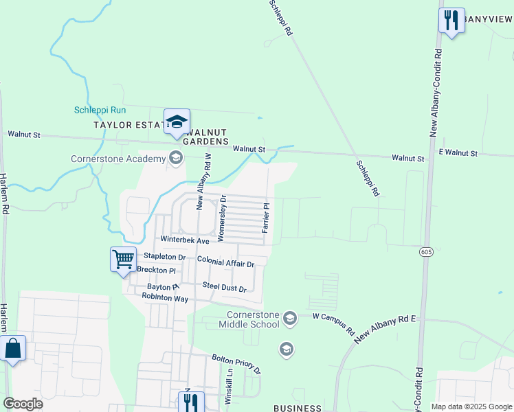 map of restaurants, bars, coffee shops, grocery stores, and more near 7236 Alma Terrace Drive in New Albany