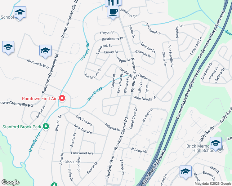 map of restaurants, bars, coffee shops, grocery stores, and more near 74 Pine Needle Street in Howell Township